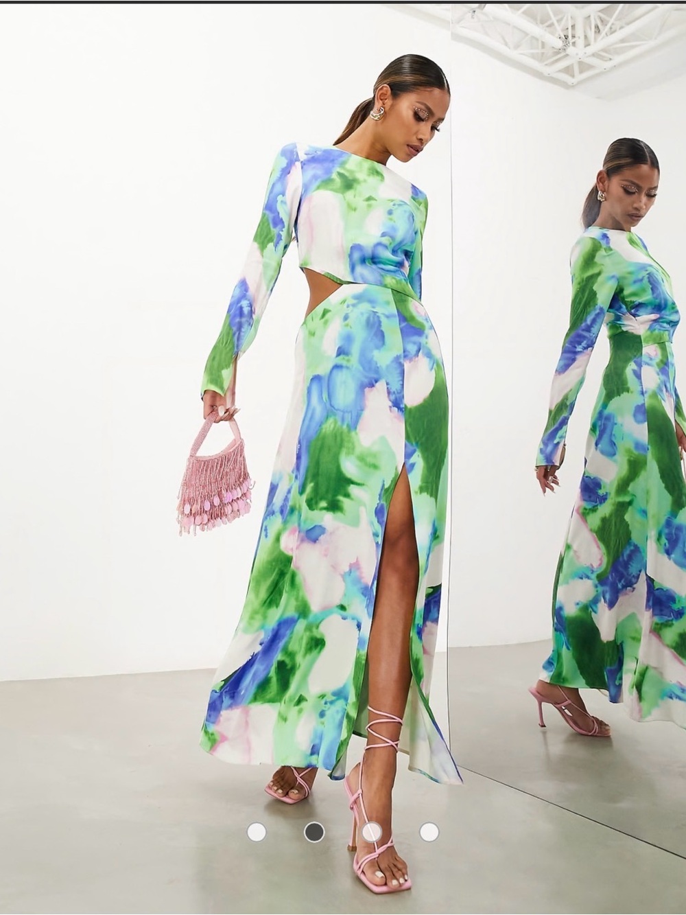 ASOS EDITION satin long sleeve cut out midi dress in green watercolour print